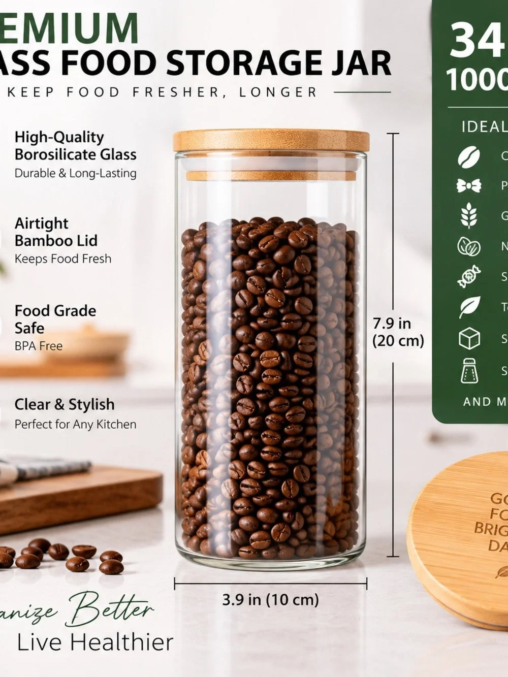 (3 pack )Glass Pantry Jar with Bamboo Lid - Clear and Natural (34 OZ)
